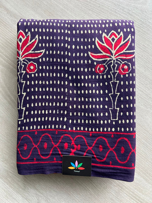 Midnight Purple Handblock Printed Mul Cotton Saree - 32672_32673