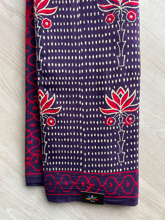 Midnight Purple Handblock Printed Mul Cotton Saree - 32672_32673