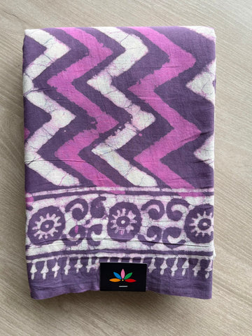 Dark Lilac Handblock Printed Mul Cotton Saree - 33650-33651