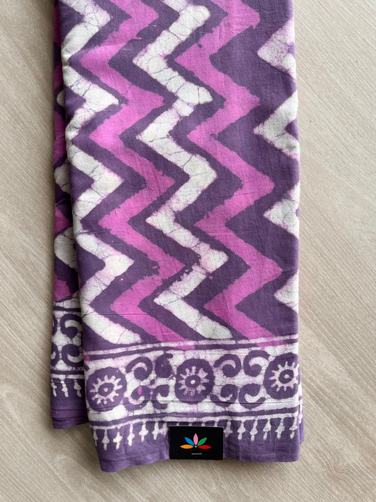Dark Lilac Handblock Printed Mul Cotton Saree - 32678_32679