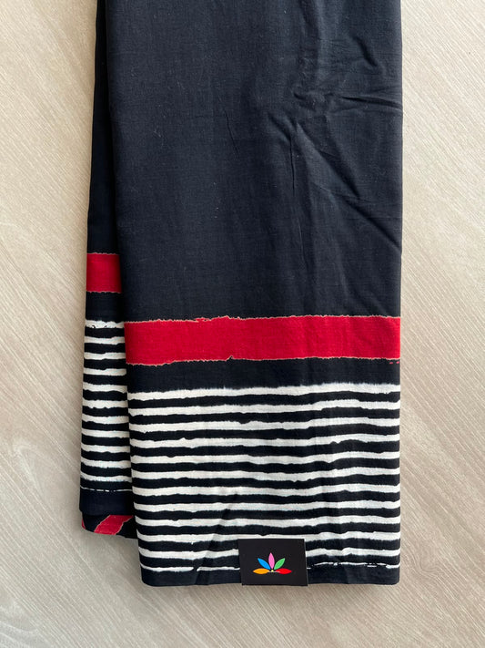 Black Hand Block Printed Fine Mul Cotton Saree - 33642-33643