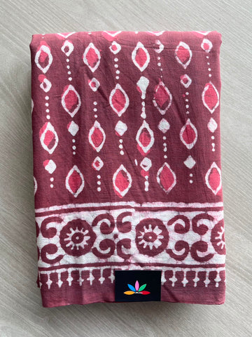 Vintage Maroon Handblock Printed Mul Cotton Saree - 33626-33627
