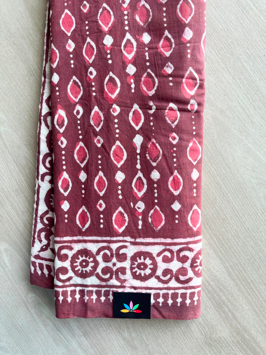 Vintage Maroon Handblock Printed Mul Cotton Saree - 33626-33627