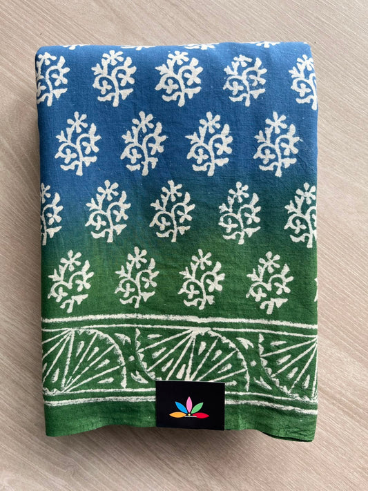 Cobalt Blue & Hunter Green Handblock Printed Mul Cotton Saree - 33632-33633