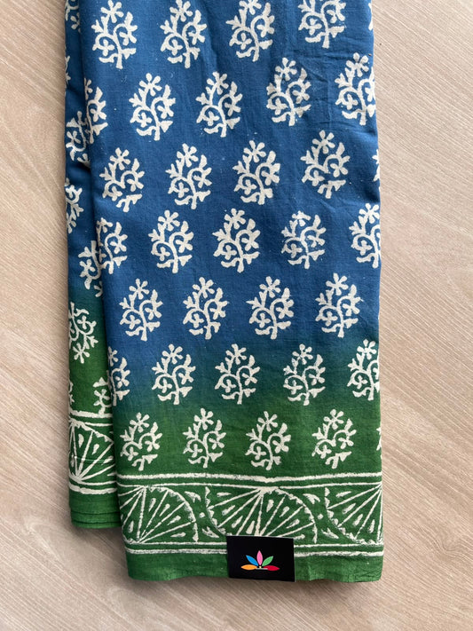 Cobalt Blue & Hunter Green Handblock Printed Mul Cotton Saree - 33632-33633