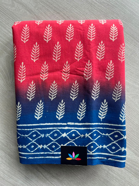 Cardinal Red & Dark Midnight Blue Handblock Printed Mul Cotton Saree - 33634-33635