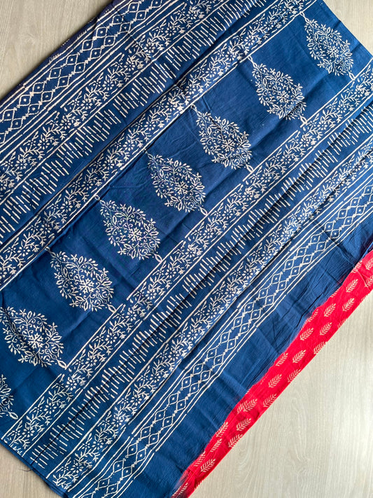 Cardinal Red & Dark Midnight Blue Handblock Printed Mul Cotton Saree - 33634-33635