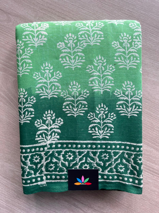 Medium Sea Green & Dark Green Handblock Printed Mul Cotton Saree - 33636-33637