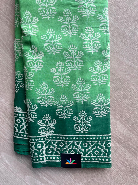 Medium Sea Green & Dark Green Handblock Printed Mul Cotton Saree - 33636-33637