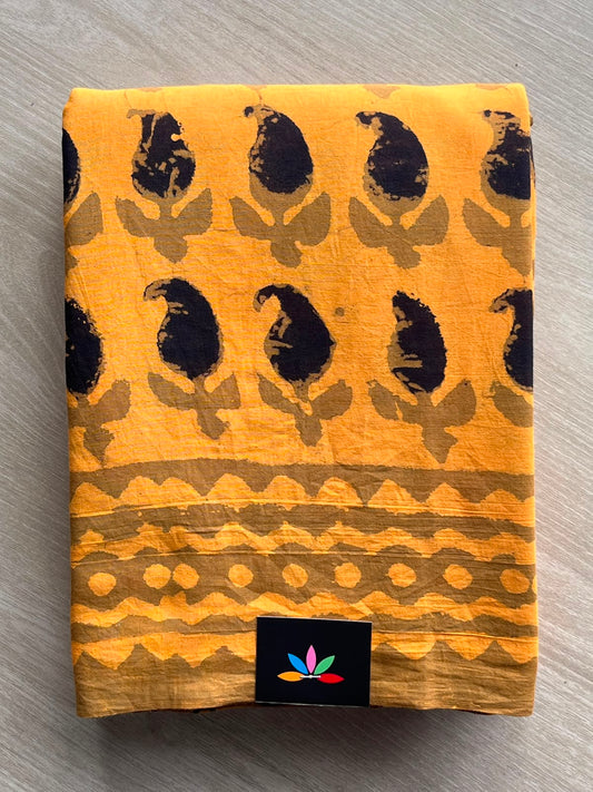 Chrome Yellow Handblock Printed Mul Cotton Saree - 33646-33647