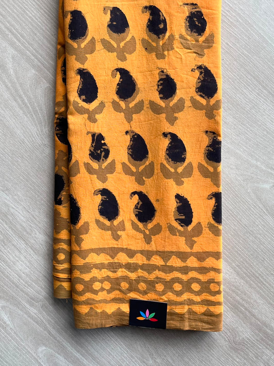 Chrome Yellow Handblock Printed Mul Cotton Saree - 33646-33647
