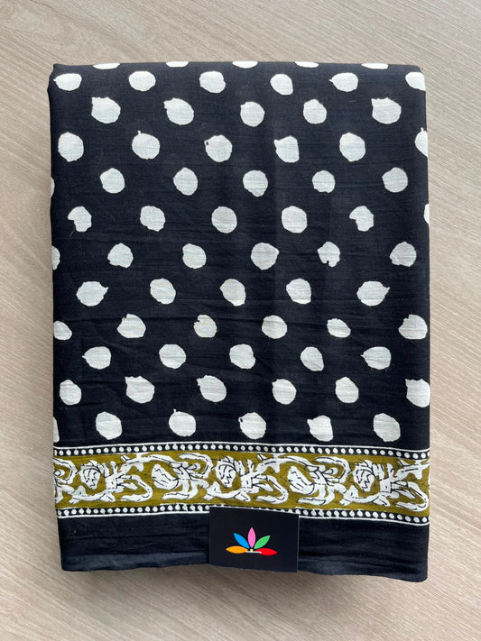 Black Handblock Printed Mul Cotton Saree - 33648-33649
