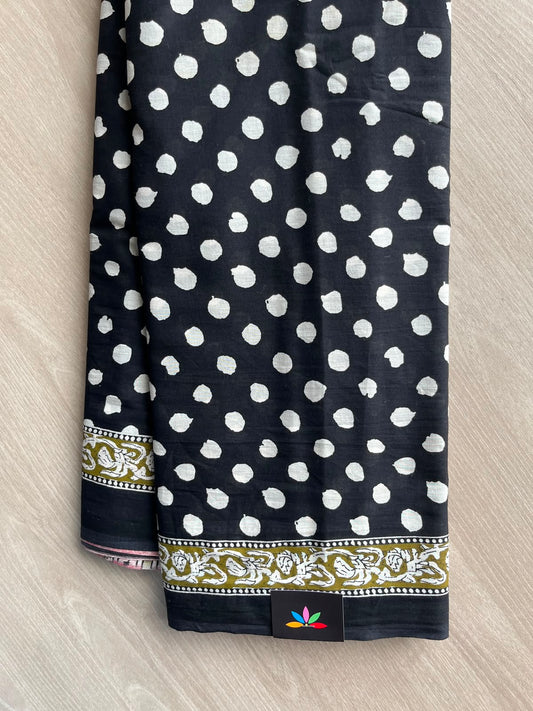 Black Handblock Printed Mul Cotton Saree - 33648-33649