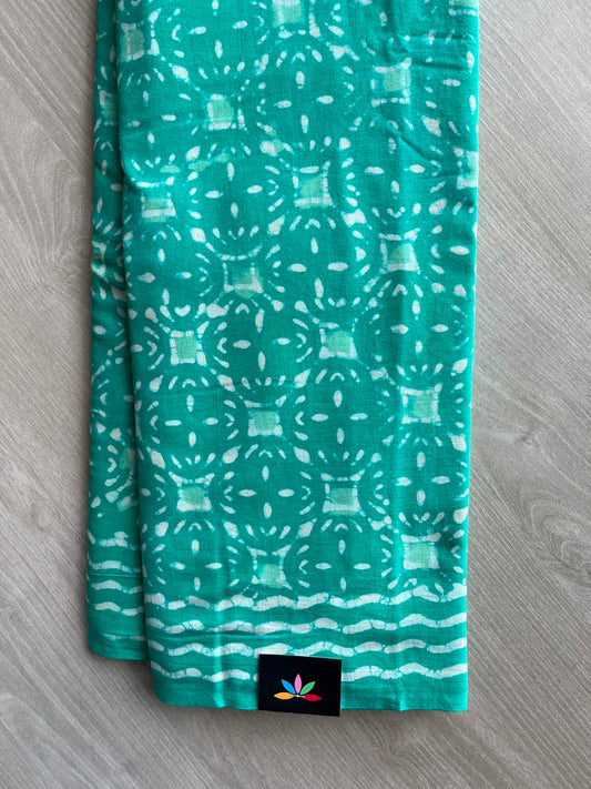Turquoise Blue Handblock Printed Mul Cotton Saree - 33656-33657