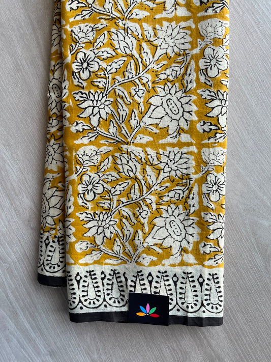 Mustard Yellow Handblock Printed Mul Cotton Saree - 33660-33661
