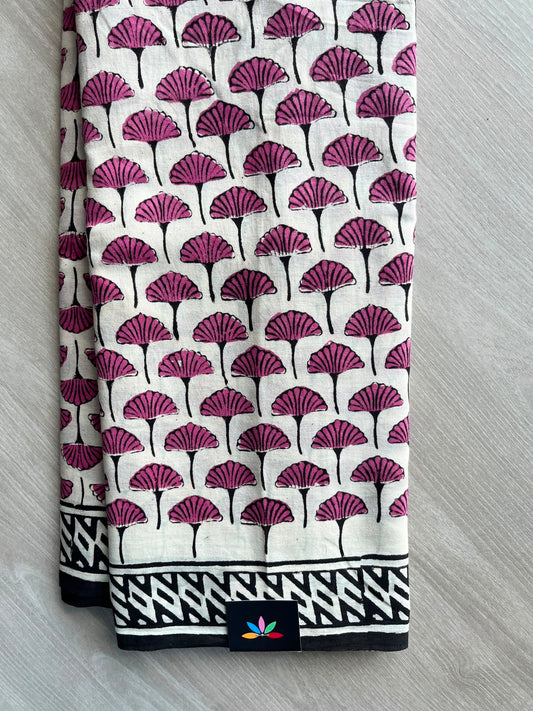 White Handblock Printed Mul Cotton Saree - 33662-33663