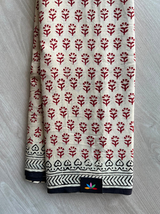 Cream White Handblock Printed Mul Cotton Saree - 33666-33667
