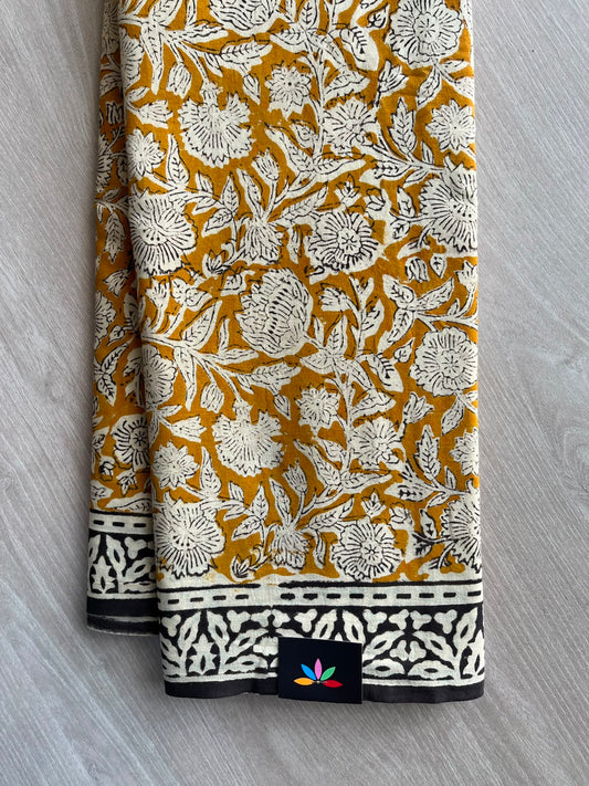 Mustard Yellow Handblock Printed Mul Cotton Saree - 33668-33669