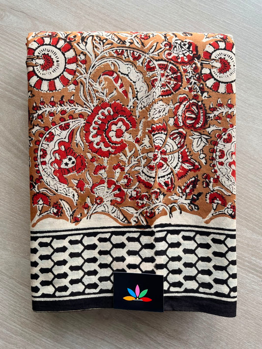 Light Brown Kalamkari Hand Block Printed Mul Cotton Saree - 33671-33672