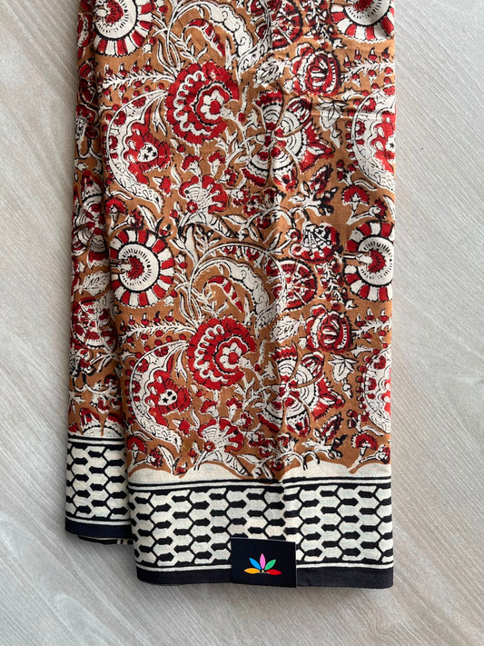 Light Brown Kalamkari Hand Block Printed Mul Cotton Saree - 33671-33672