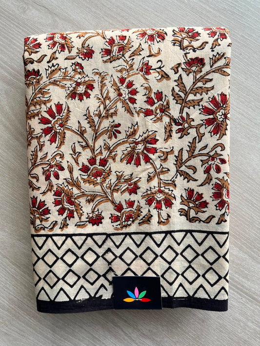 Light Beige Kalamkari Hand Block Printed Mul Cotton Saree - 33675-33676
