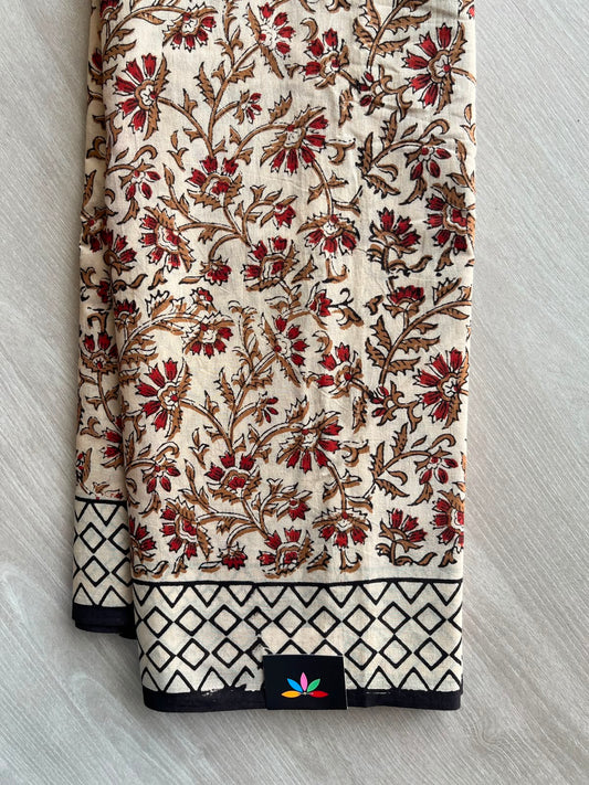 Light Beige Kalamkari Hand Block Printed Mul Cotton Saree - 33675-33676