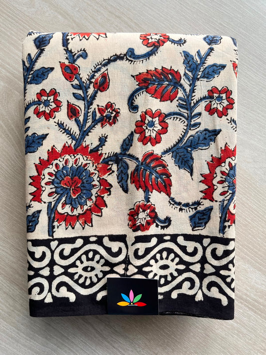 Light Beige Kalamkari Hand Block Printed Mul Cotton Saree - 33677-33678