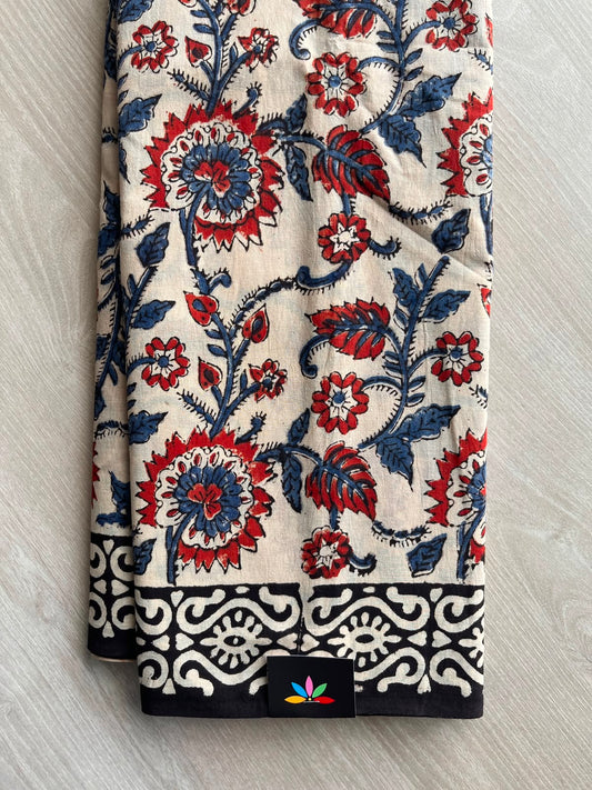 Light Beige Kalamkari Hand Block Printed Mul Cotton Saree - 33677-33678