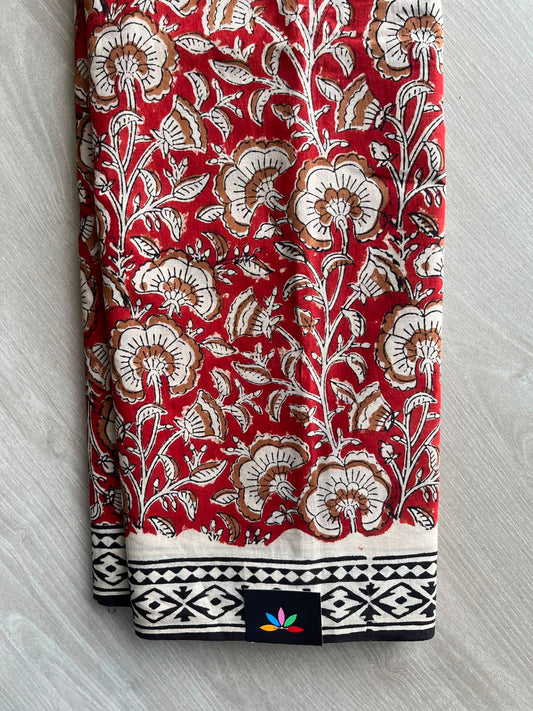 Bright Red Kalamkari Hand Block Printed Mul Cotton Saree - 33679-33680