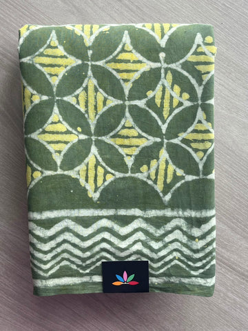 Asparagus Green Hand Block Printed Mul Cotton Saree - 35095-35096