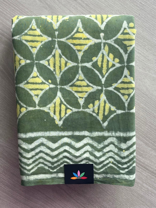 Asparagus Green Hand Block Printed Mul Cotton Saree - 35095-35096