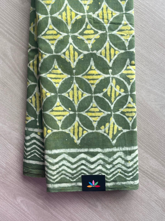 Asparagus Green Hand Block Printed Mul Cotton Saree - 35095-35096
