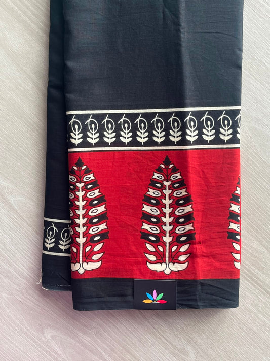 Black Hand Block Printed Mul Cotton Saree - 35099-35100