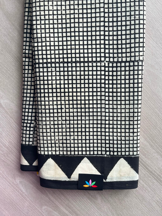 Black & Beige Hand Block Printed Mul Cotton Saree - 35105-35106