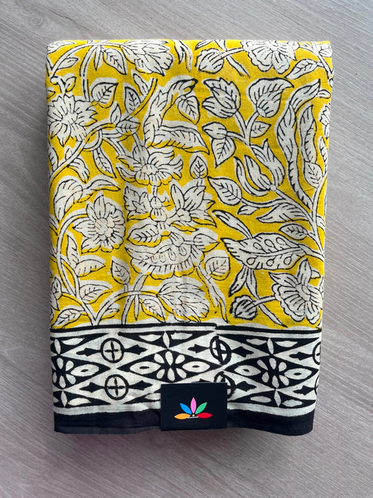 Yellow Hand Block Printed Mul Cotton Saree - 35109-35110