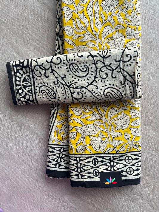 Yellow Hand Block Printed Mul Cotton Saree - 35109-35110