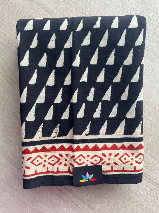 Black Hand Block Printed Mul Cotton Saree - 35111-35112