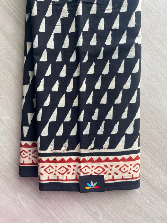 Black Hand Block Printed Mul Cotton Saree - 35111-35112