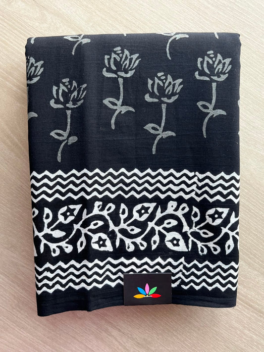 Black Hand Block Printed Mul Cotton Saree - 35113-35114