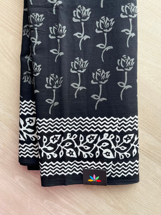 Black Hand Block Printed Mul Cotton Saree - 35113-35114