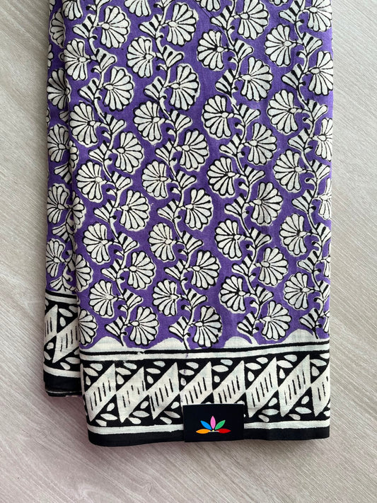 Royal Purple Hand Block Printed Mul Cotton Saree - 35115-35116
