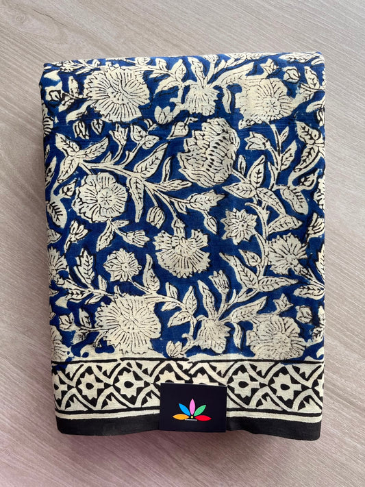 Navy Blue Hand Block Printed Mul Cotton Saree - 35117-35118