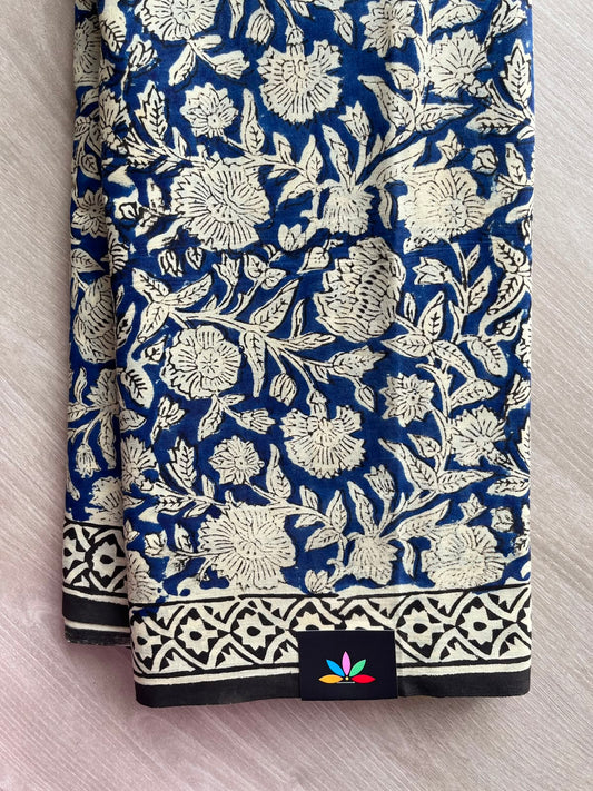 Navy Blue Hand Block Printed Mul Cotton Saree - 35117-35118