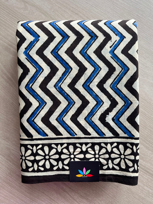 Black Hand Block Printed Mul Cotton Saree - 35121-35122