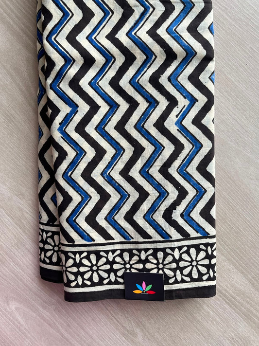 Black Hand Block Printed Mul Cotton Saree - 35121-35122