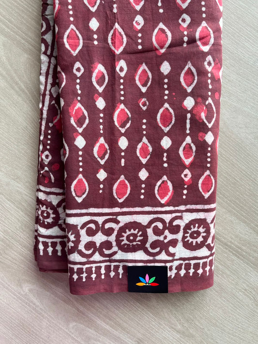 Maroon Shade Hand Block Printed Mul Cotton Saree - 35123-35124