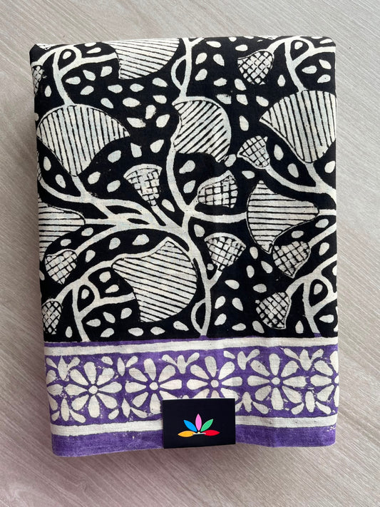 Black Hand Block Printed Mul Cotton Saree - 35125-35126