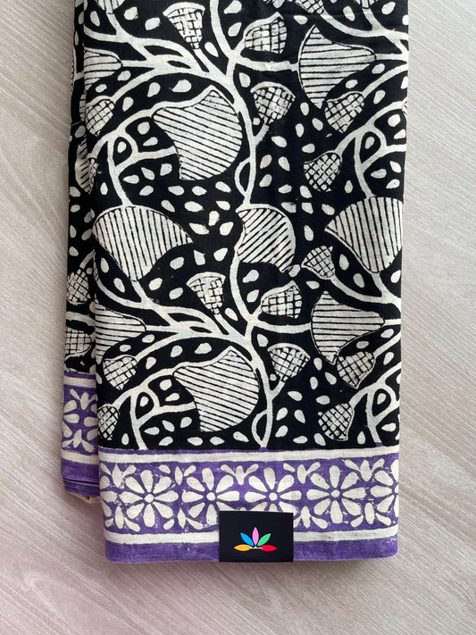 Black Hand Block Printed Mul Cotton Saree - 35125-35126