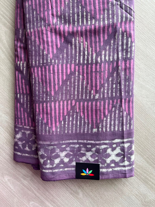 Royal Plum Purple Hand Block Printed Mul Cotton Saree - 35127-35128
