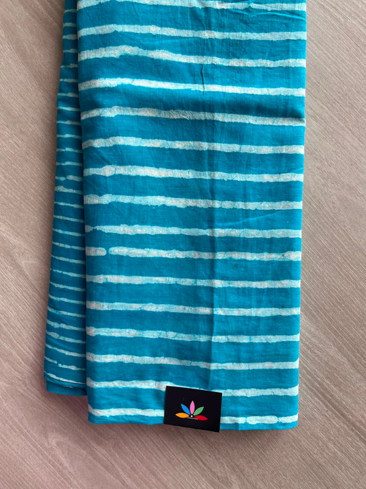 Teal Blue Hand Block Printed Mul Cotton Saree - 35129-35130